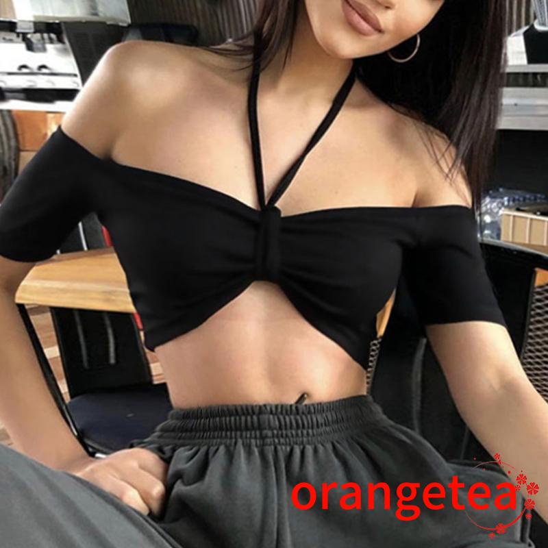 Áo Croptop Tay Ngắn Hở Vai Màu Sắc Trơn Thời Trang Dành Cho Nữ