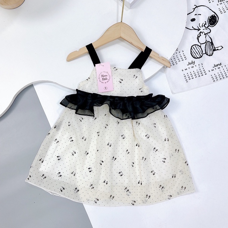Váy cho bé gái 2 dây voan mềm chấm bi đính nơ trước ngực cao cấp 2 lớp 8-20kg