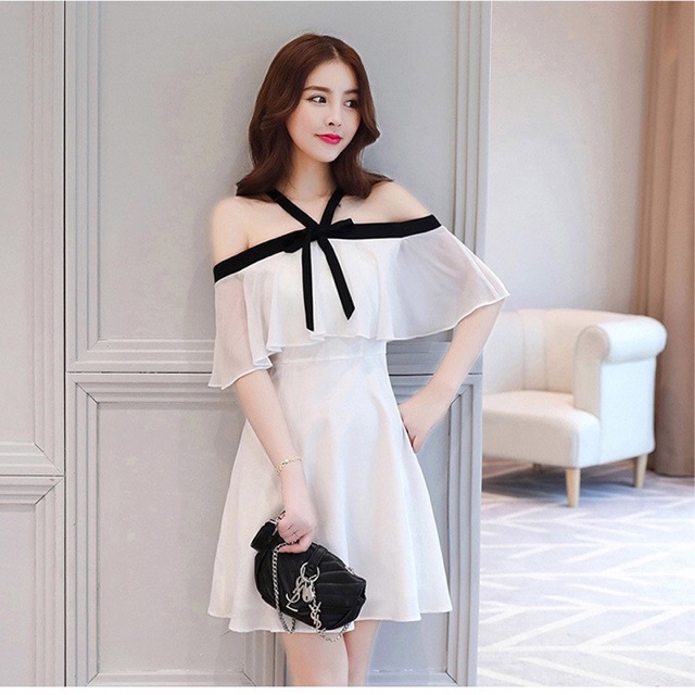 Đầm trễ vai màu trắng phối viền dáng xoè tiểu thư size S M L XL