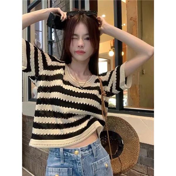 COZOK Áo Thun Tay Ngắn Họa Tiết Kẻ Sọc Phong Cách Vintage Thời Trang Cho Nữ