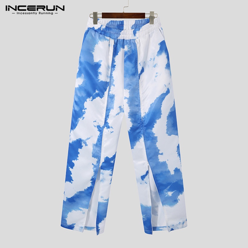 Quần ống rộng lưng thun INCERUN vải co giãn xẻ tà in họa tiết màu xanh dương thời trang cho nam