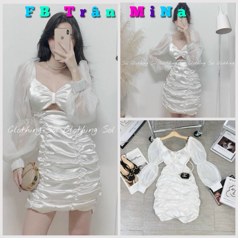 ĐẦM TRẮNG NHÚN THÂN CUT OUT NGỰC TAY VOAN BOCHUN- HÀNG LOẠI 1