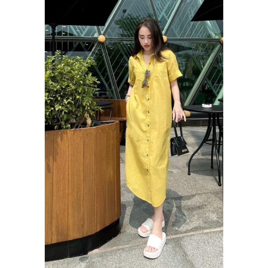 :Váy đi biển, cổ sơ mi vàng túi ngực form suông bầu bí bon chen thoải mái cho nữ LOLLAYE