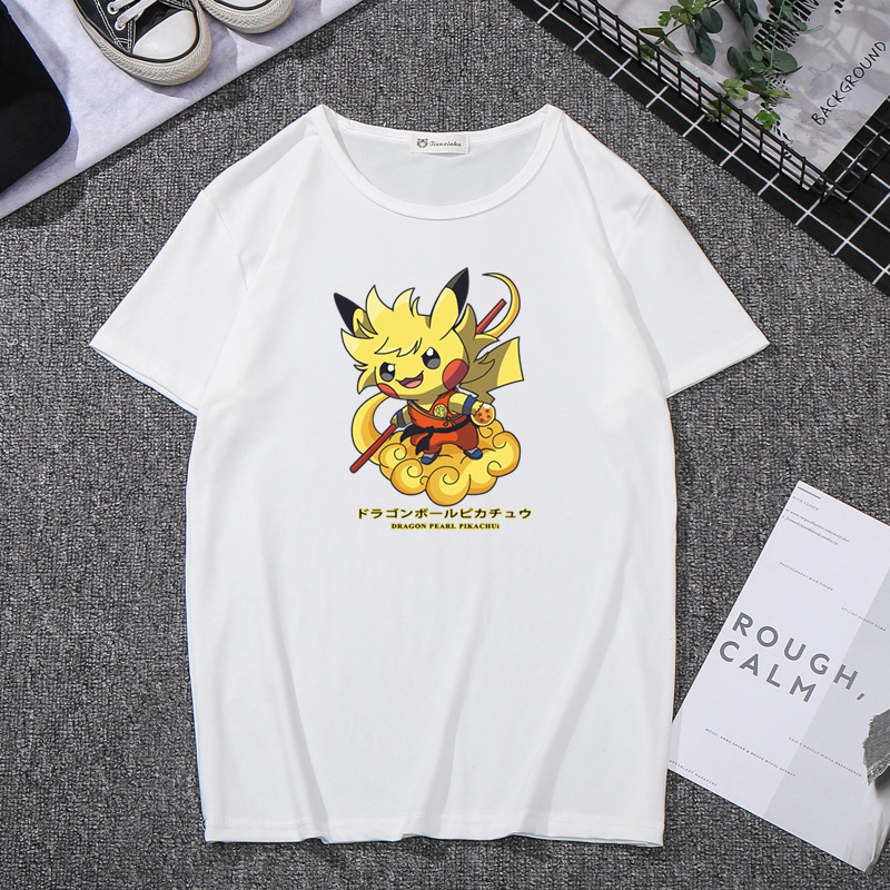 Áo Thun Tay Ngắn Cổ Tròn In Hình Pikachu 2 Màu Trơn Tùy Chọn Cho Nam Và Nữ