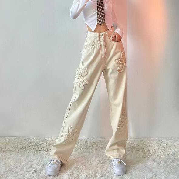 Quần Bò Ống Rộng Thêu Hoa Nổi Phong Cách Retro Cá Tính