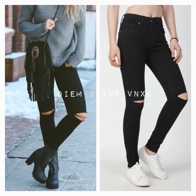 Quần jeans ôm đen LƯNG CAO CO DÃN trơn rách không phai màu nữ - SHOP THƠM PHẠM | BigBuy360 - bigbuy360.vn