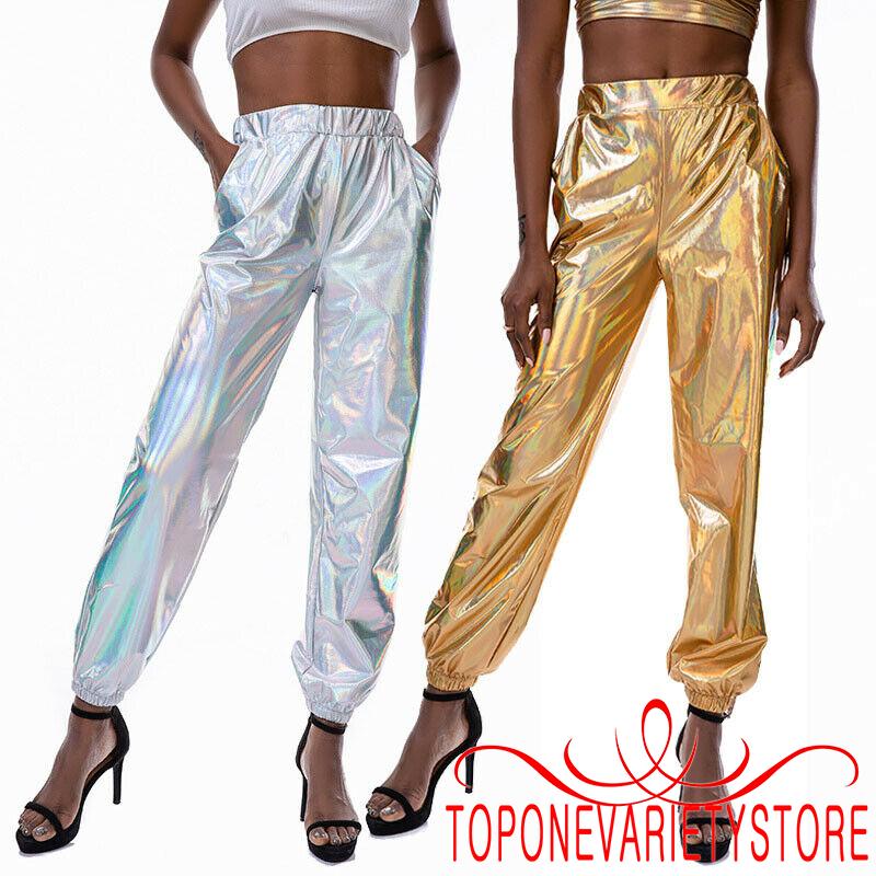 Quần jogger lưng cao thiết kế màu Holographic phong cách hiphop thời trang cho nữ