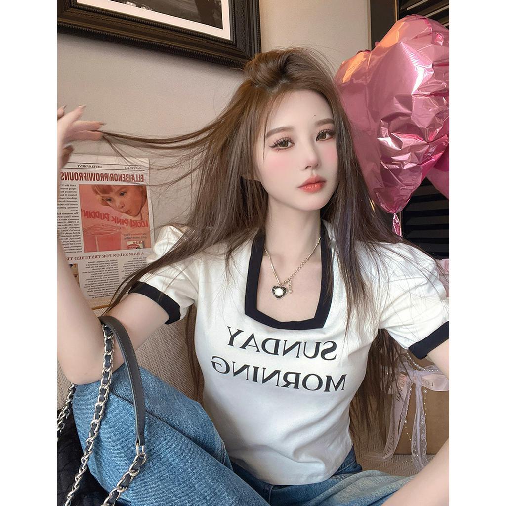 Lalisas Áo Thun Tay Ngắn Phồng Cổ Vuông In Chữ Thời Trang Hàn Quốc Cho Nữ