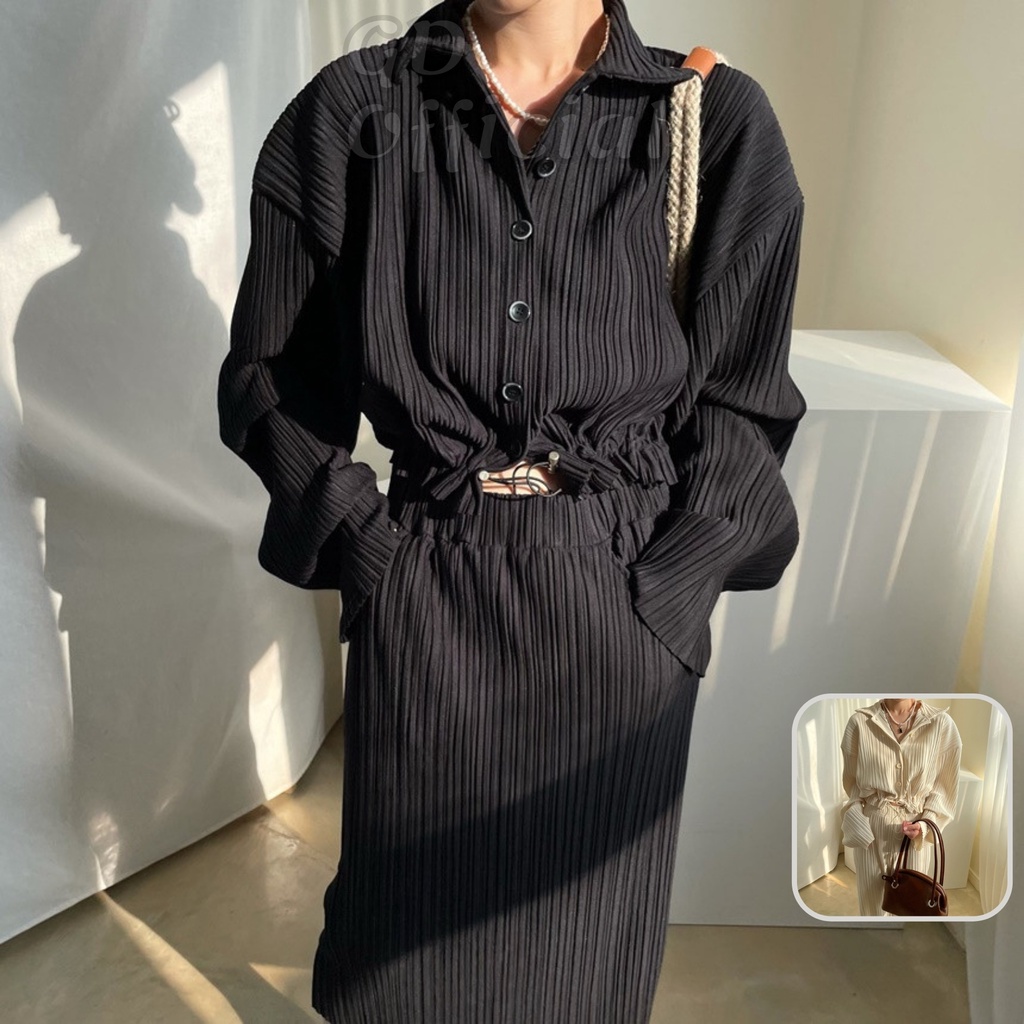 B79|Set bộ áo sơ mi polo cổ bẻ dài tay rộng chun eo, quần váy bút chì xẻ tà cạp lưng cao suông màu đen, be GD Official