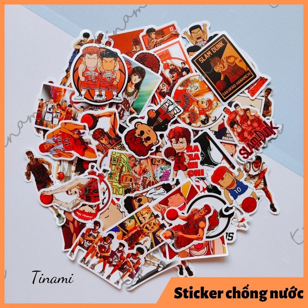 Bộ 50 hình dán Sticker Cao thủ bóng rổ SLAM DUNK trang trí điện thoại latop mũ bảo hểm xe máy vali ván trượt