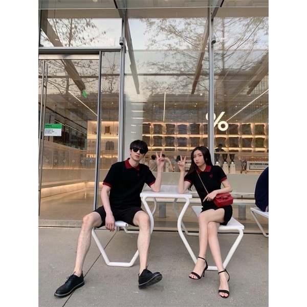 Set đồ đôi thuê hình trái tim trước ngực cổ polo thời trang KATE COUPLE