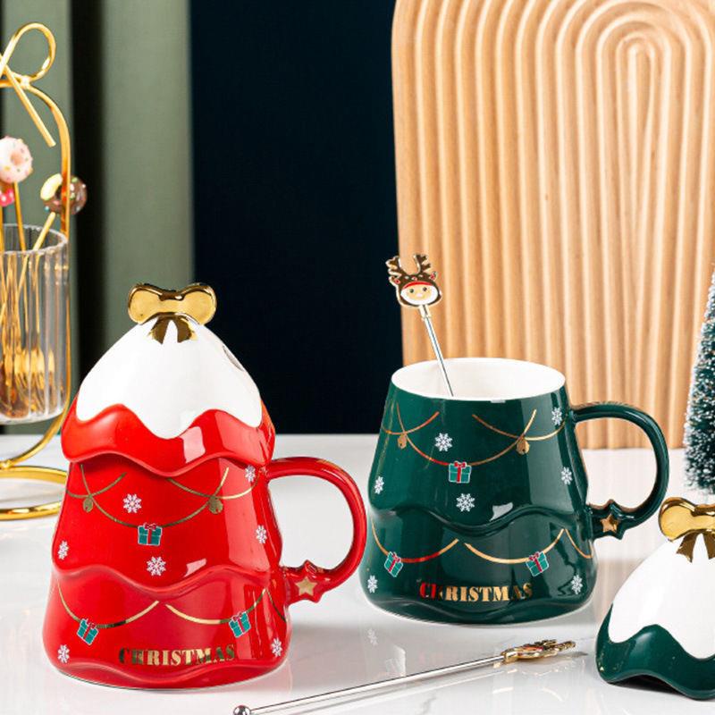 Cốc uống cà phê Starbucks bằng sứ in họa tiết hoạt hình Giáng Sinh kèm nắp và muỗng cho nữ