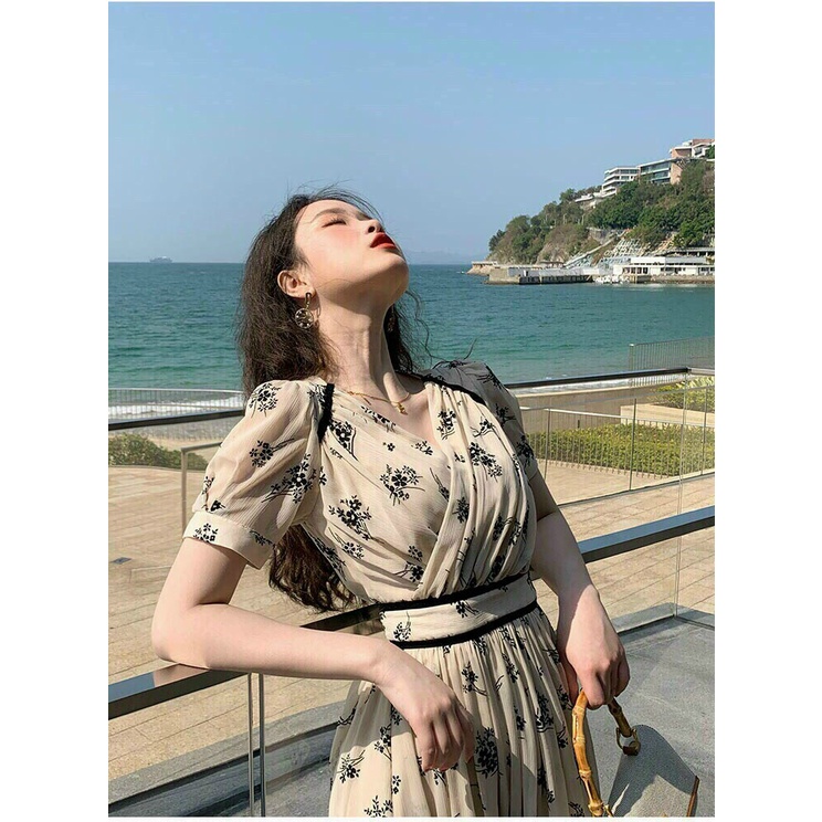 Đầm hoa maxi dài cổ chéo, đầm hoa nhí vintage dáng suông tay búp cổ v ôm eo đi chơi, đi tiệc màu sắc nhã nhặn,thanh lịch