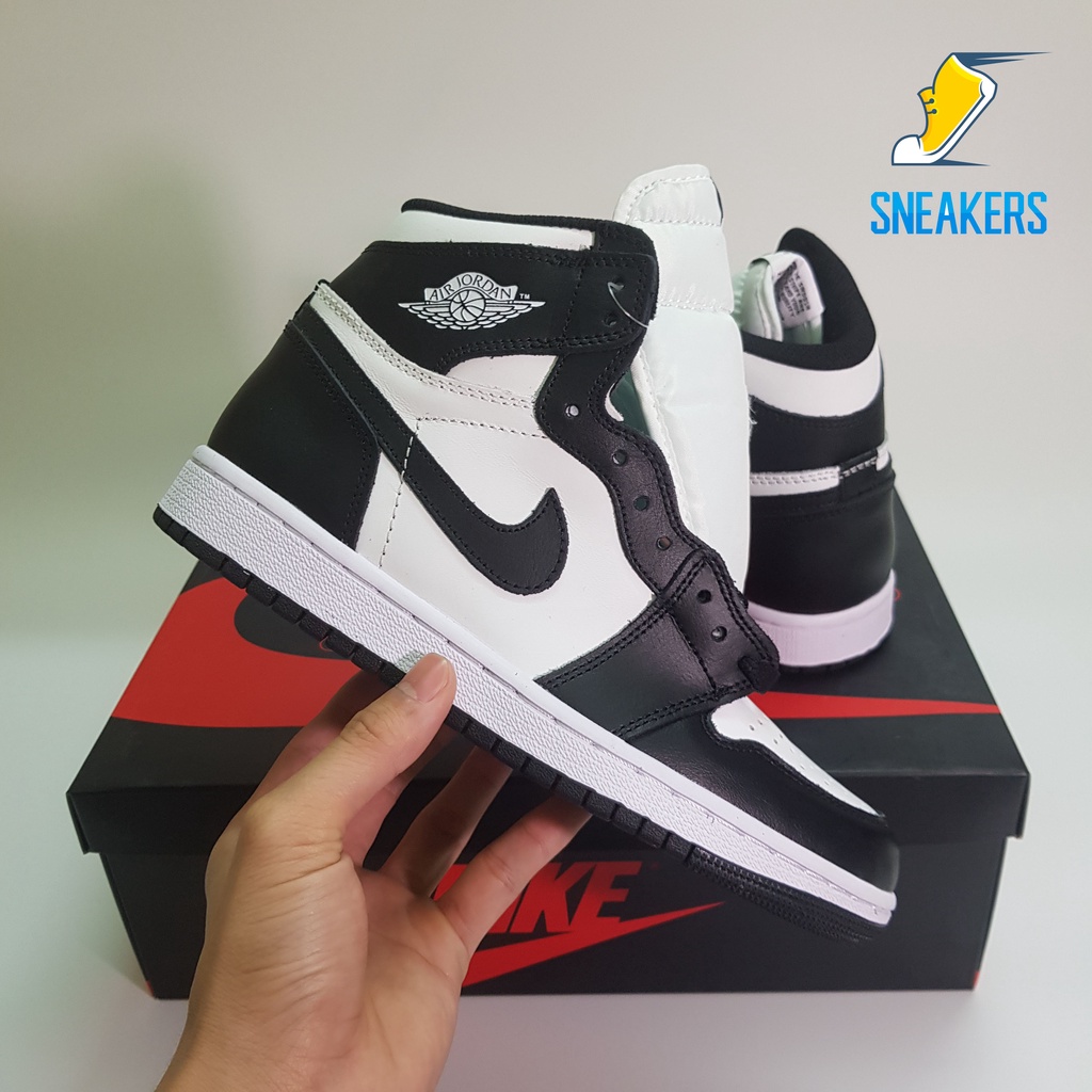 Giày Jordan 1 High Panda Black White Cao Cấp Fullbox, Giày thể thao jordan 1 cổ cao đen trắng da nhăn, lót 2 lớp êm chân