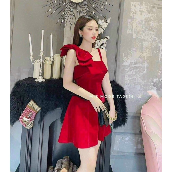 Đầm đỏ dự tiệc đính nơ vai, đầm umi dáng ngắn xoè ulzzang
