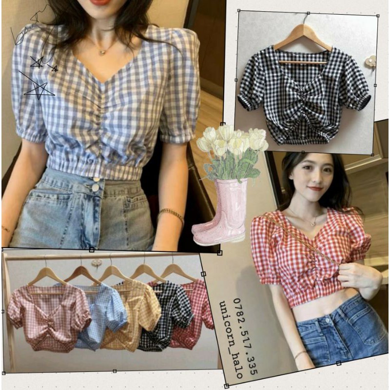 Áo Croptop Caro Cổ Tim Nhún Ngực Tay Phồng Bo Eo Nữ Màu Xanh/Đen/Vàng/Hồng Đỏ DRACR09 mys hitshop | BigBuy360 - bigbuy360.vn