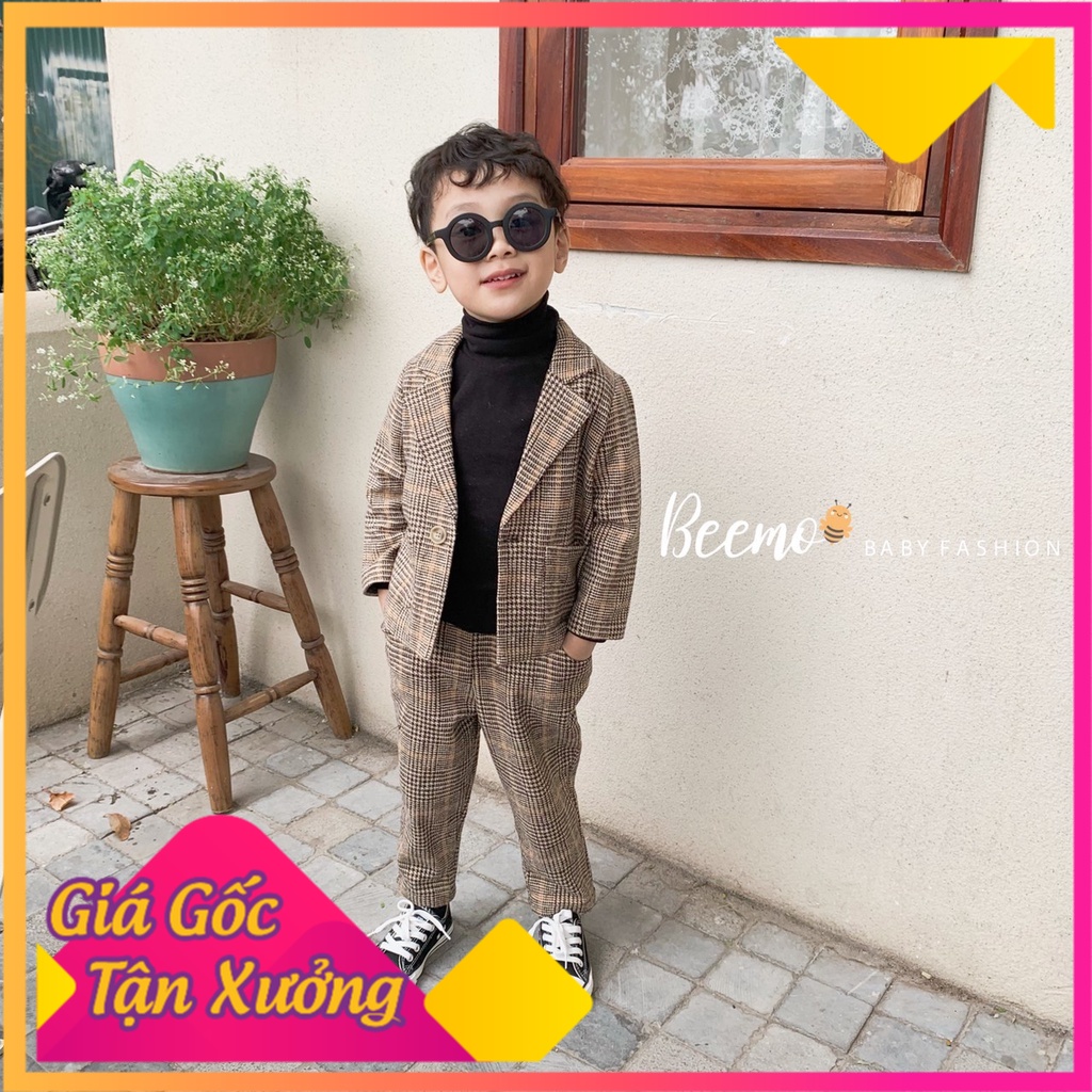 Bộ comle bé trai 1-7 tuổi vải dạ họa tiết kẻ, Bộ vest cho bé hàng thiết kế cao cấp