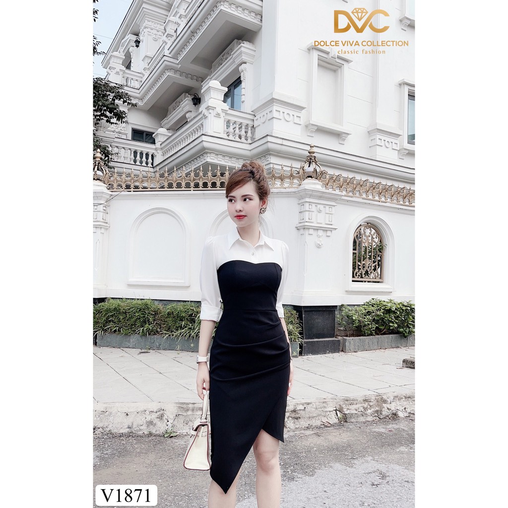 Váy đen tay trắng vạt chéo V1871 - DOLCE VIVA COLLECTION | BigBuy360 - bigbuy360.vn