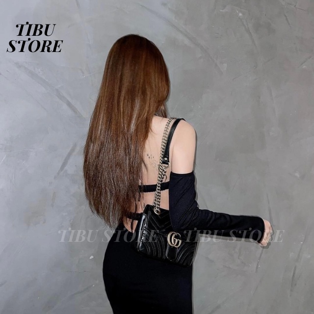 Đầm body sexy tay dài ôm trễ vai TIBU, Đầm yếm xốp trễ vai xẻ tà màu đen cá tính thời trang nữ