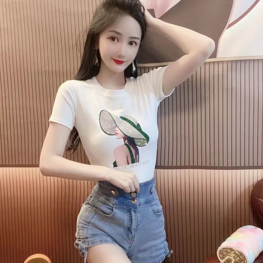 Áo Thun Cotton Mỏng Trơn Dáng Ôm Tay Ngắn Đính Đá Nắp Lật Thời Trang Mùa Hè Dành Cho Nữ 2022