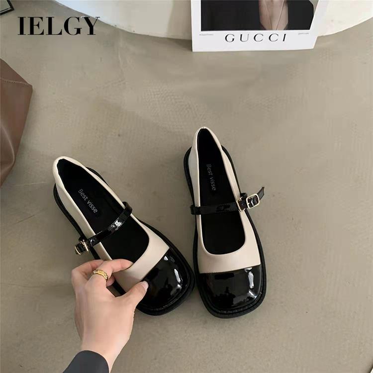 Giày da mũi tròn IELGY ghép màu phong cách Pháp thời trang cho nữ