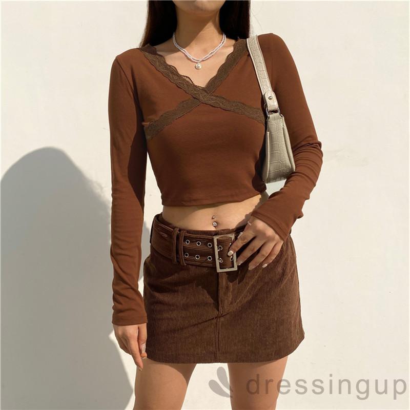 Áo Tay Dài Cổ Chữ V Màu Trơn Cá Tính Cho Nữ