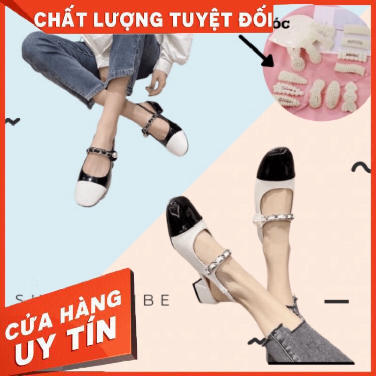 Sandan cao gót nữ quai xích ngọc bịt mũi kiểu dáng trẻ trung tiểu thư( tặng kẹp tóc) - Hàng nhập khẩu