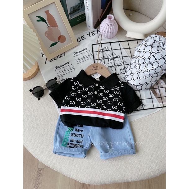 Set bộ gồm 3 món áo polo quần jean và nón cực xinh cho bé trai
