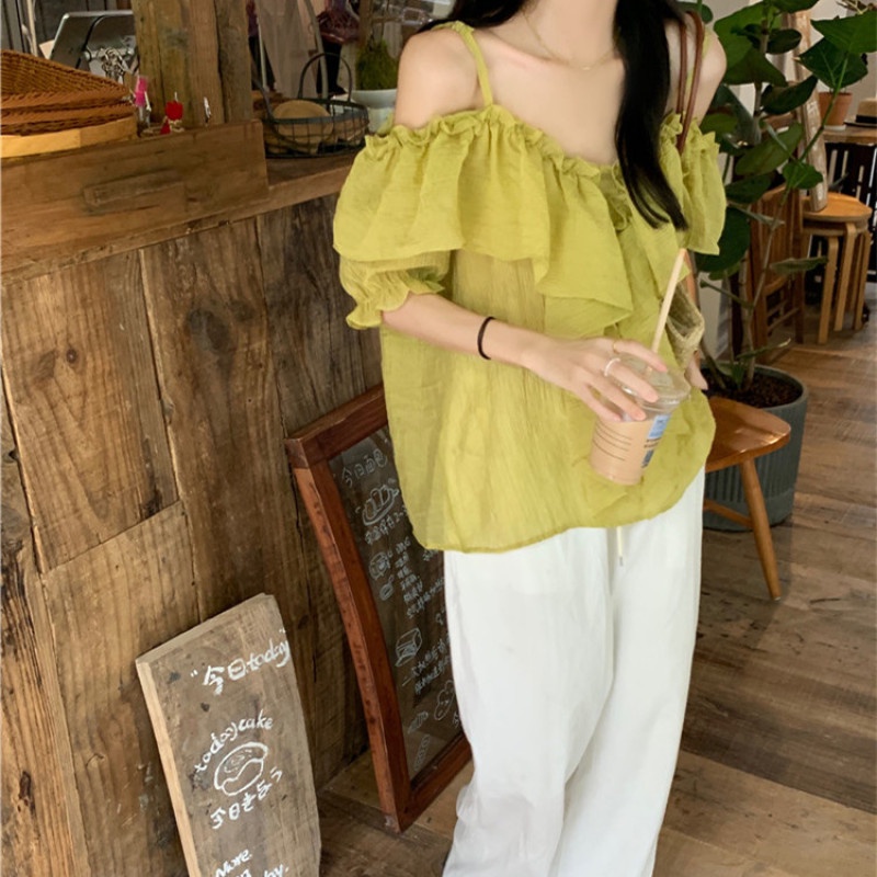 Áo Kiểu Trễ Vai Tay Ngắn Phối Bèo Thời Trang Mùa Hè Xinh Xắn Cho Nữ