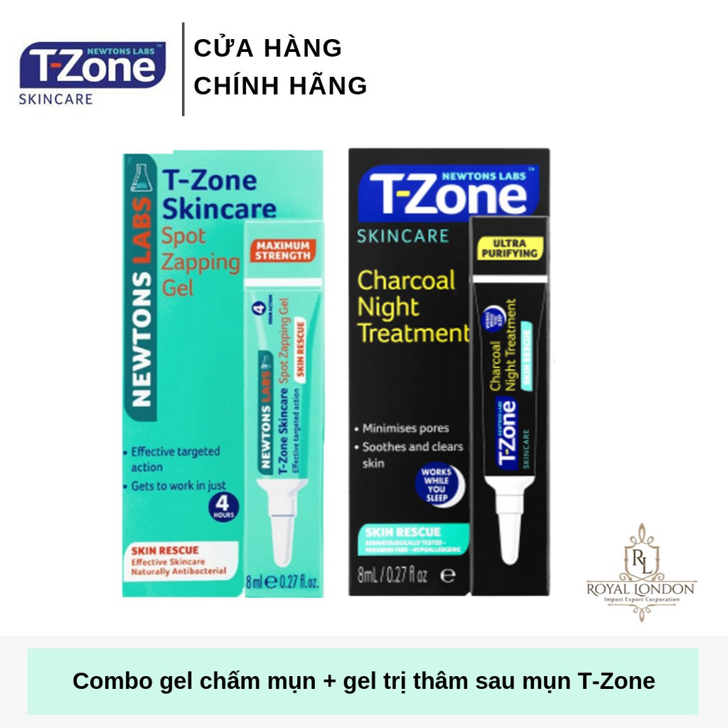 Combo Gel Giảm Mụn T-Zone Zapping Gel 8ml Và Gel GiảmThâm T-Zone Charcoal Night Treatment 8ml - UK