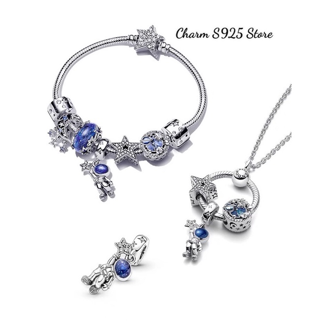 COMBO BỘ VÒNG TAY MỀM PAN.DO.RA ALE MIX 7 HẠT CHARM BẦU TRỜI XANH BẠC S925 CAO CẤP