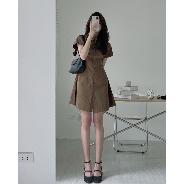 [HÀNG SẴN] VÁY ĐẦM KAKI THÔ CHUN EO CÚC GỖ SIÊU XINH