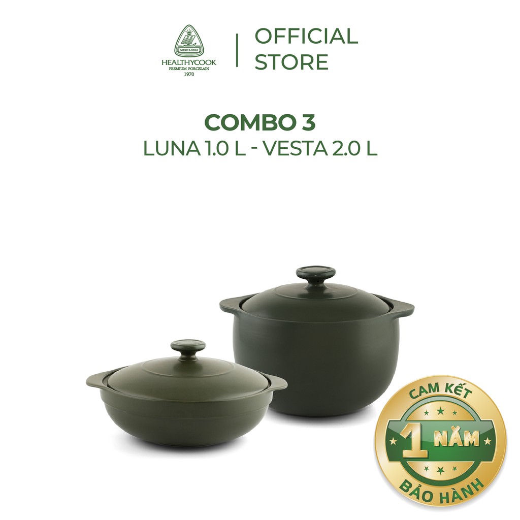 Combo nồi sứ dưỡng sinh Minh Long Luna 1.0L và vesta 2.0L dùng cho bếp gas, bếp hồng ngoại(combo3)