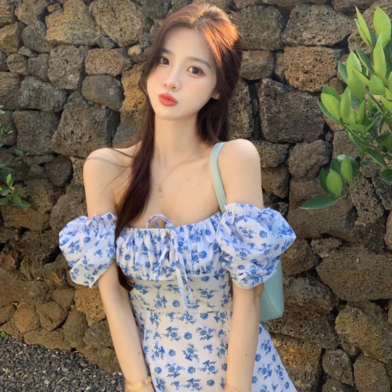 Đầm hoa tay phồng dáng dài xẻ tà thời trang mùa hè dành cho nữ