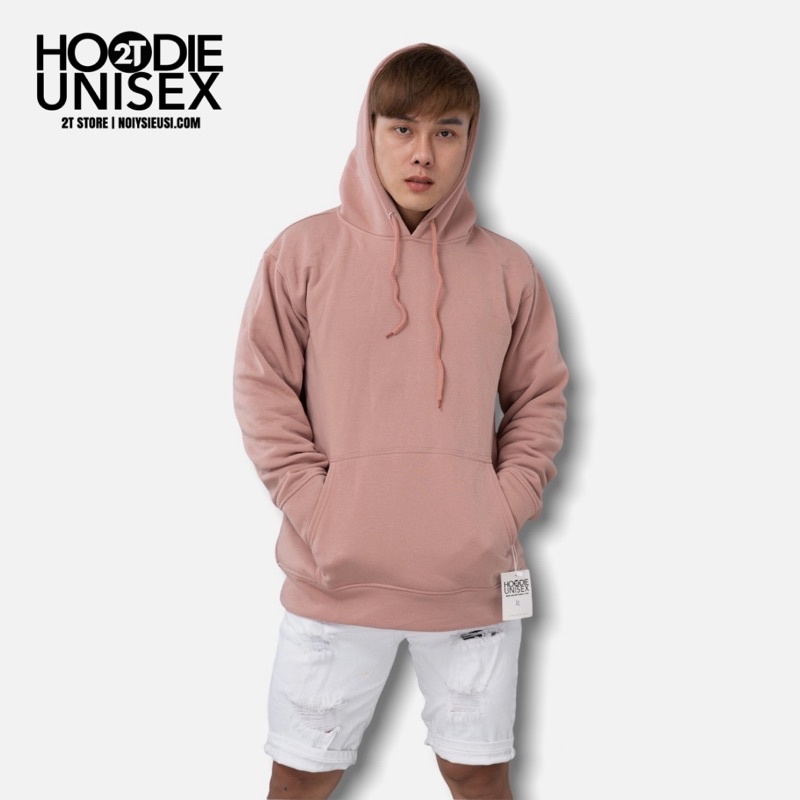 Áo hoodie unisex 2T Store H12 màu hồng ruốc - Áo khoác nỉ chui đầu nón 2 lớp dày dặn chất lượng siêu đẹp