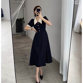 Đầm váy freesize đen cổ trắng nút trước