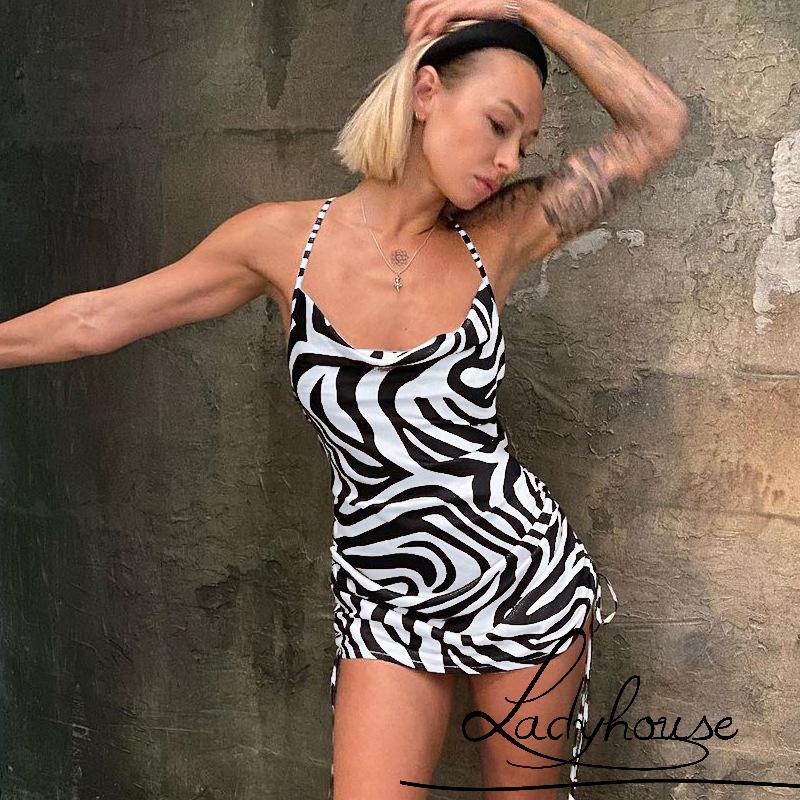 LDD-Women´s Summer Mini Dress, Sleeveless Spaghetti Strap Side Drawstring Leopard/Zebra Print Dress