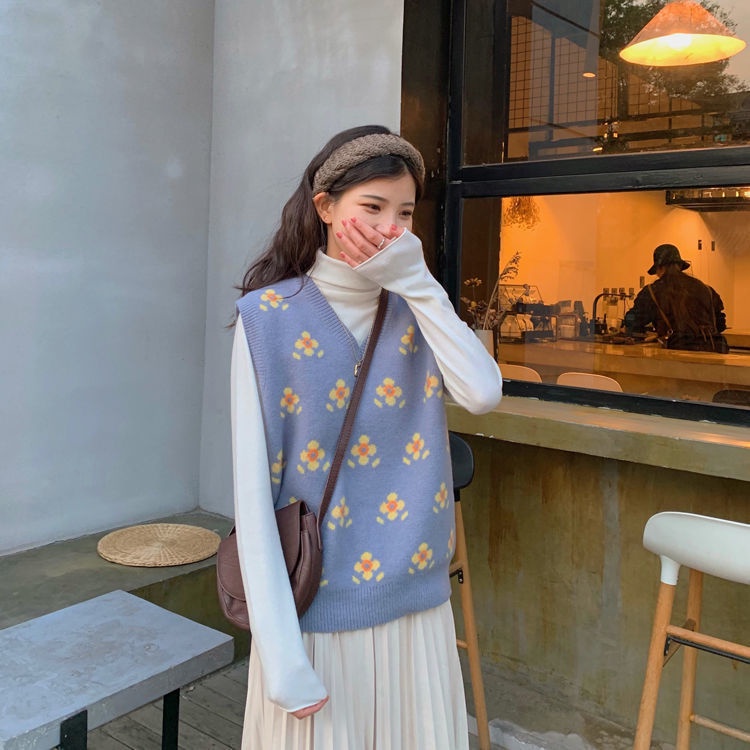 Áo len không tay cổ chữ v dáng rộng thời trang phong cách Hàn Quốc