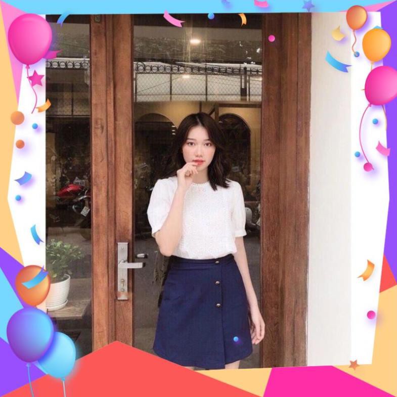 Quần giả váy kiểu chân váy chữ a phối cúc hoa 3 màu Đen - Xanh than - Kem - Chất tuyết mưa - Mặc đi làm đi chơi cực xinh | BigBuy360 - bigbuy360.vn