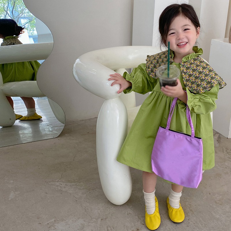 Đầm Công Chúa Tay Dài Cổ Bẻ In Họa Tiết Hoa / Quả Bơ Màu Xanh Lá Thời Trang Mùa Thu Xinh