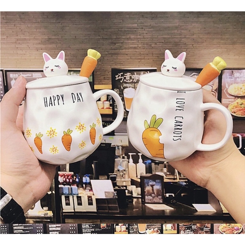 Order ly sứ có nắp in hình 3D thỏ con kèm muỗng cà phê xin xắn