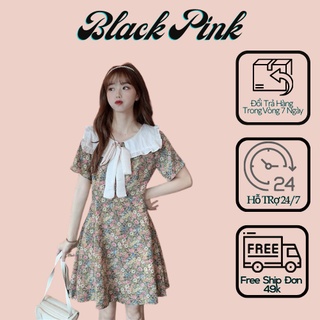 Váy Hoa Cổ Bèo Nơ Chất Thô Cotton Black Pink Store- Ảnh Thật