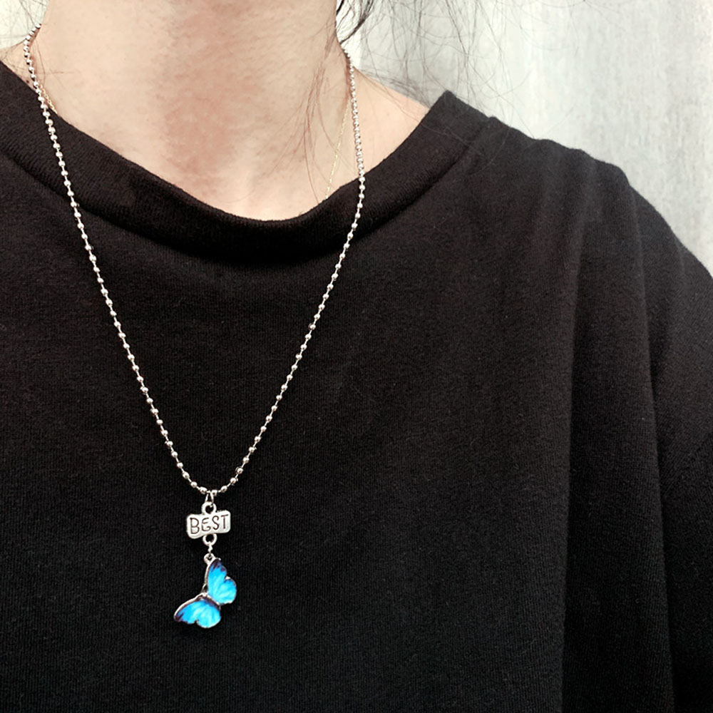 Dây chuyền unisex mặt khắc chữ Best/Friend và hình bướm màu xanh dương phong cách Hàn Quốc