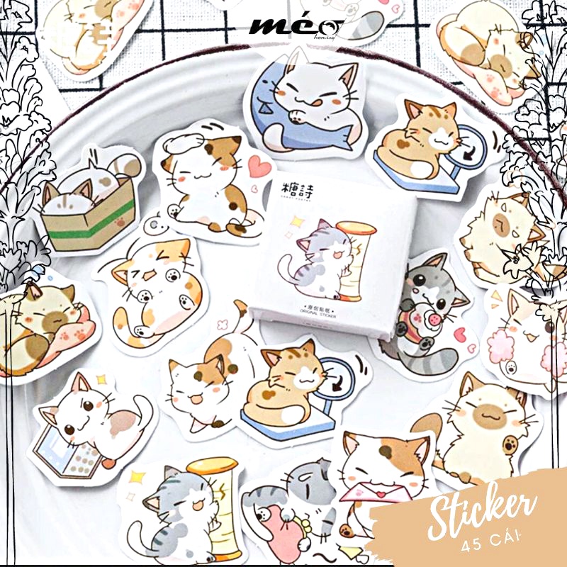 STICKER Mèo híp đáng yêu hộp 45 miếng dán trang trí sổ tay, lịch, ốp lưng điện thoại, laptop - S18