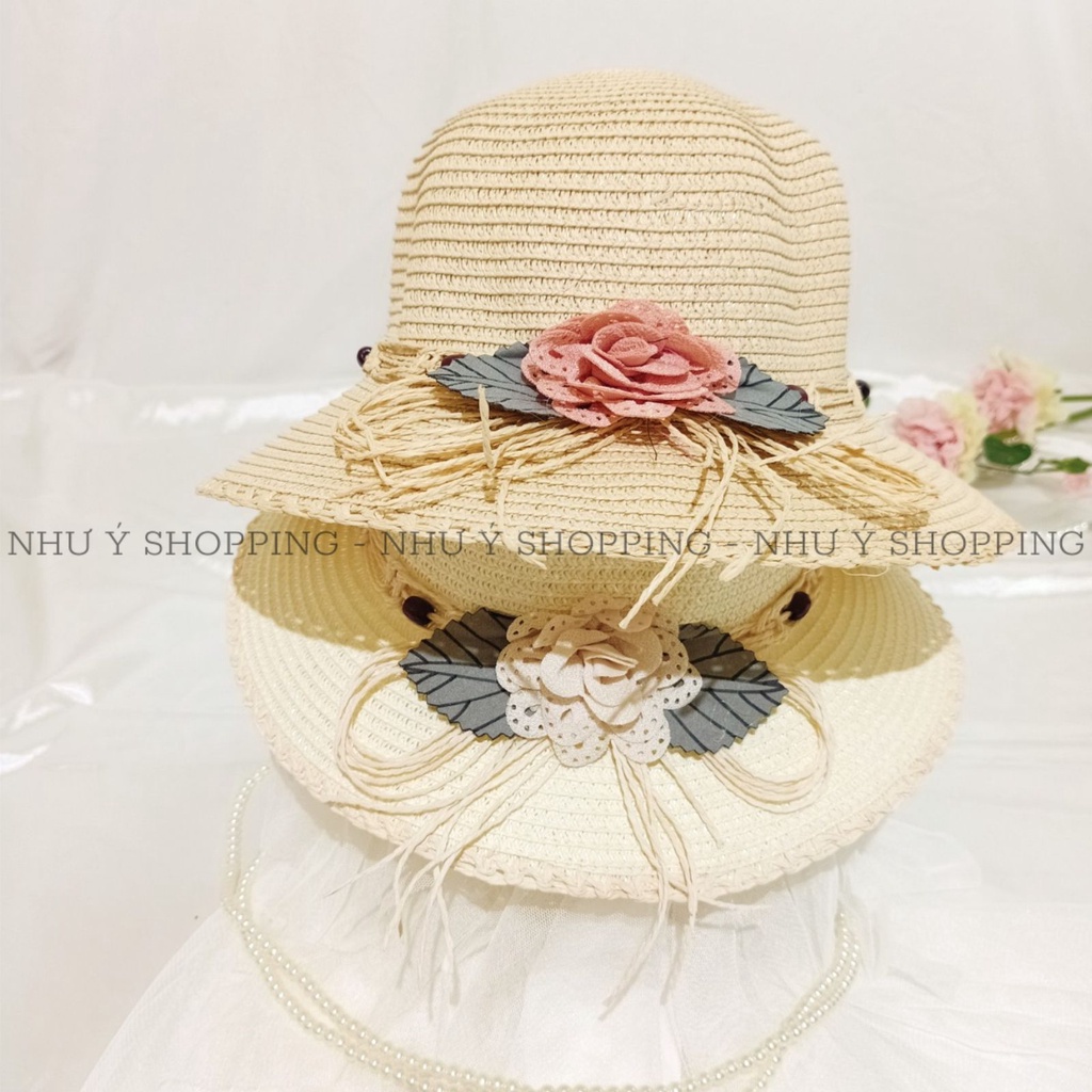 Nón cói,mũ cói nữ đi biển vành nhỏ viền bo cách điệu phối hoa lá dập ly vintage_q12 hoa lá dập ly