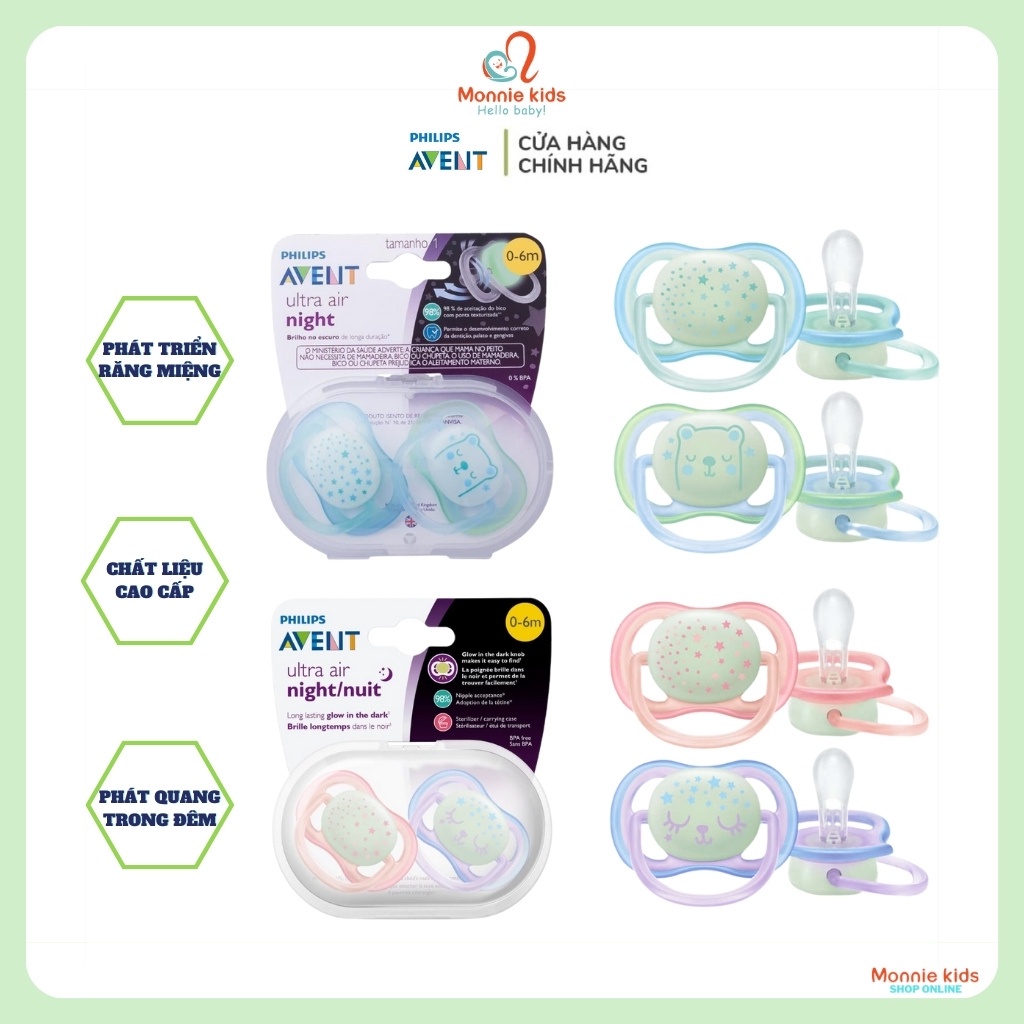 Set 2 ti giả cho bé Philips Avent Air Night 0-6M, set núm ti giả phát sáng trong đêm - Monnie Kids