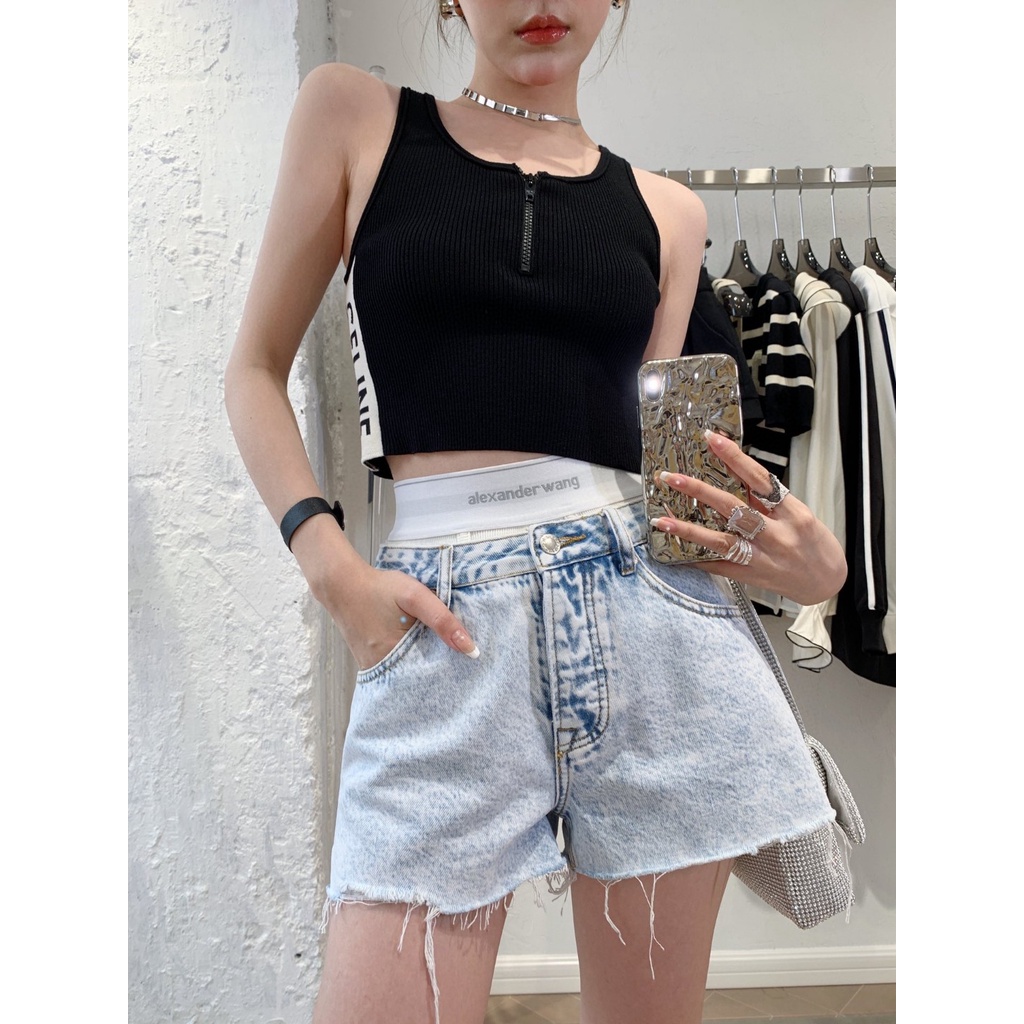 Aw 2021 Mới Quần Short Denim Giặt Eo Thấp Co Giãn