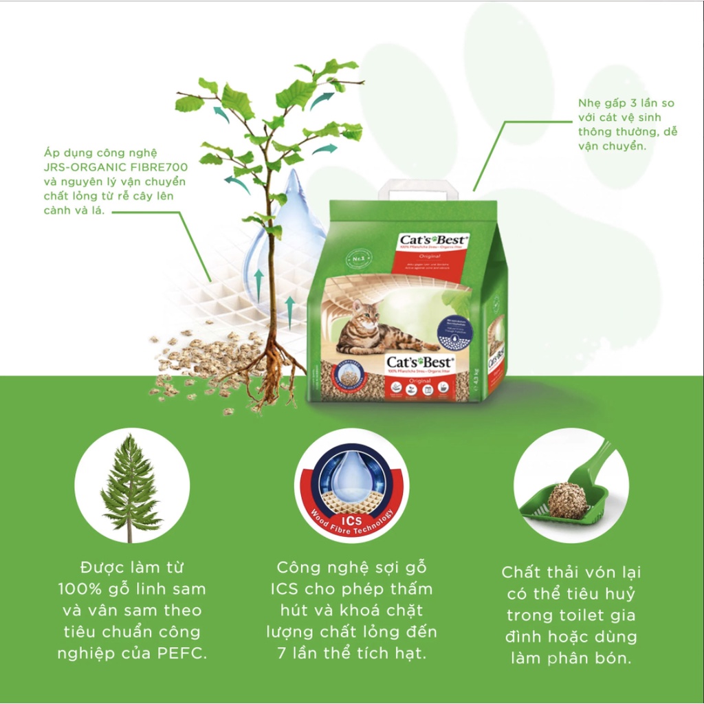 Cát gỗ vệ sinh hữu cơ Cat's Best Original | 13kg  | Siêu thấm hút, khử mùi | Xả được trong toilet