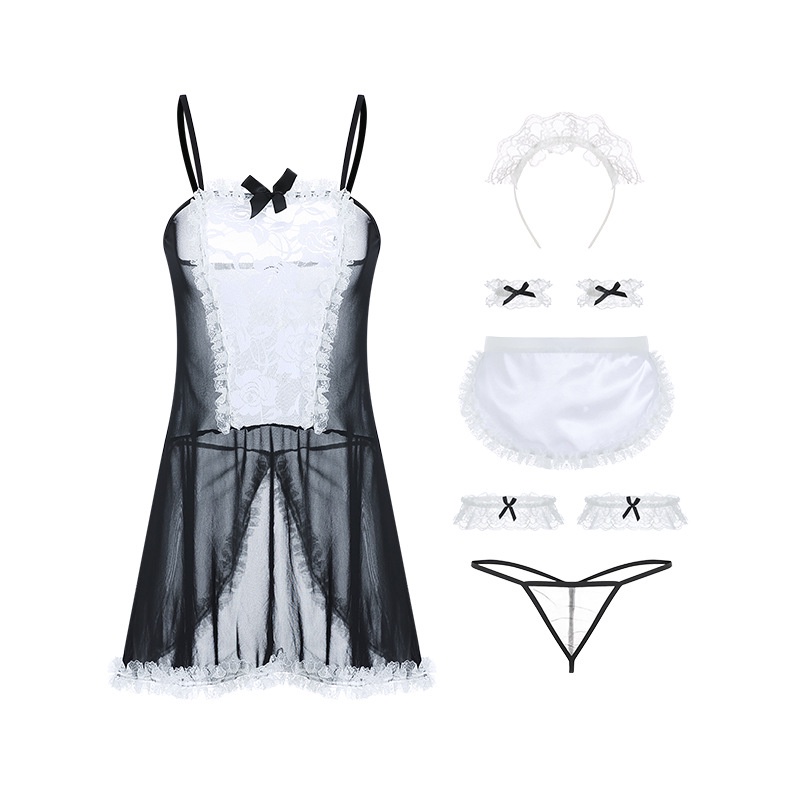 Cosplay nàng hầu gái ren lưới 3 màu xuyên thấu sexy -váy ngủ 2 dây gợi cảm đầy đủ phụ kiện