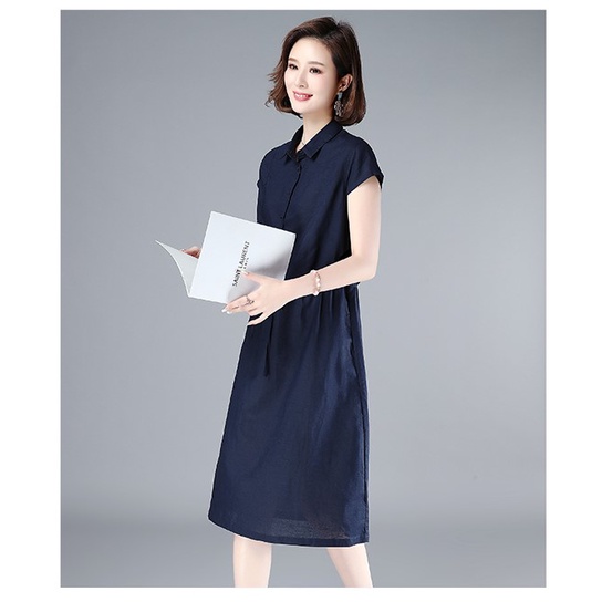 Đầm sơ mi dáng dài,suông tay ngắn chất vải đũi mềm mát phong cách ulzzang Hàn Quốc Da70